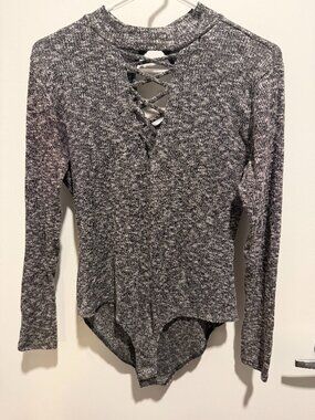 Charlotte Russe Grey Ribbed Lace‑Up Bodysuit • Size Large